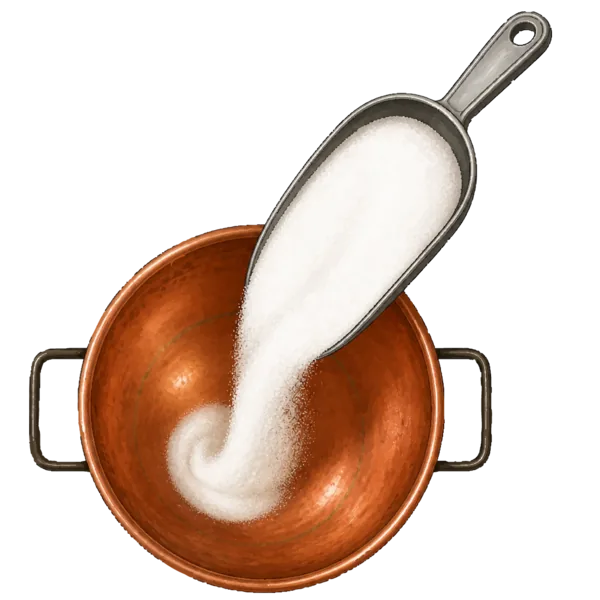 Sugar being measured into a copper kettle