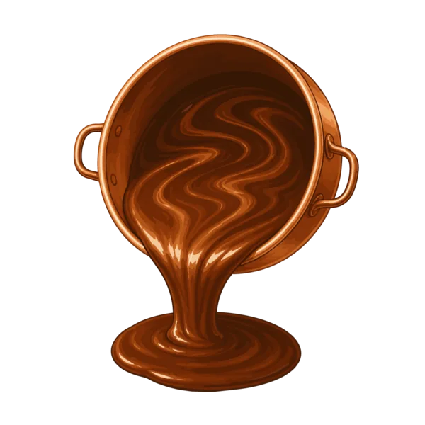 Hot chocolate fudge pouring from a copper kettle