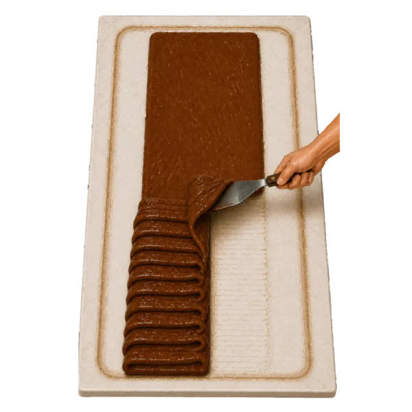 Thick fudge being folded into a loaf on marble