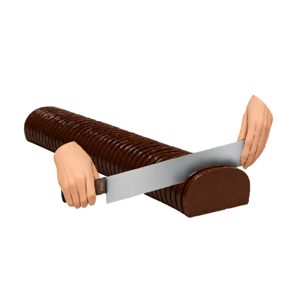 A fudge loaf being cut into half-pound pieces